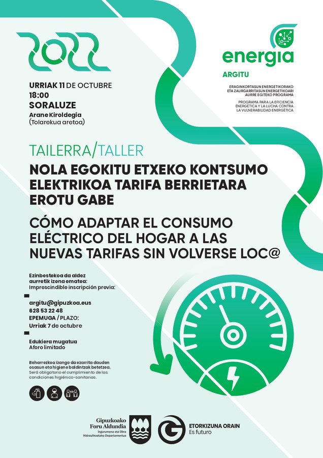 El 11 de octubre Soraluze acogerá un taller práctico para aprender cómo adaptar el consumo energético a las nuevas tarifas eléctricas