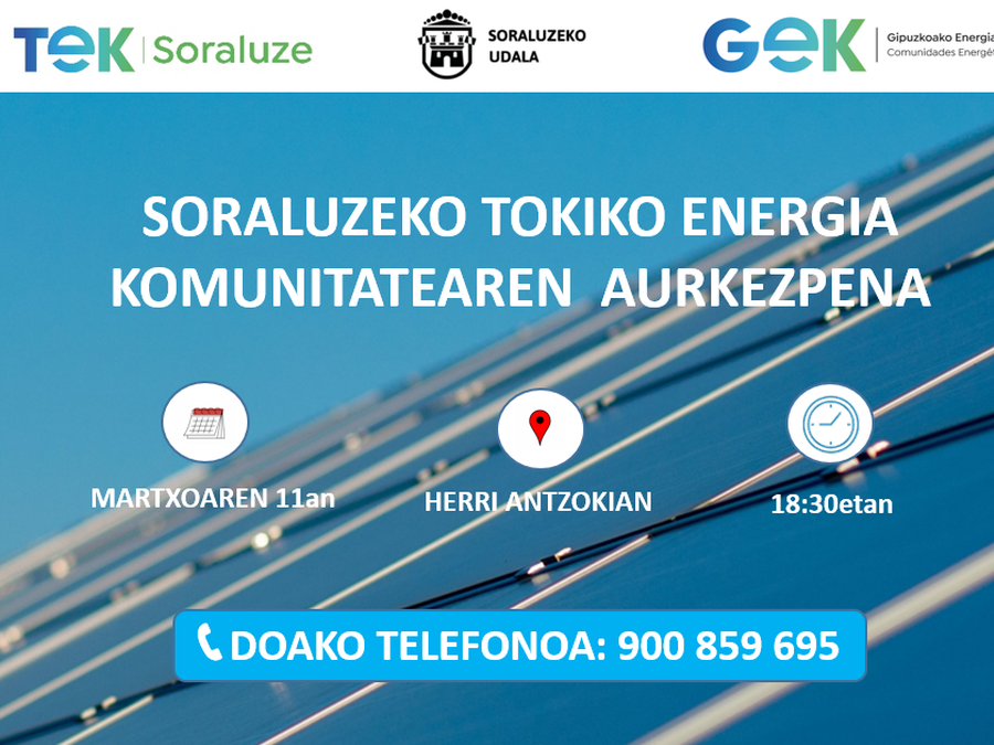 Soraluzeko Tokiko Energia Komunitatearen aurkezpena, datorren astelehenean